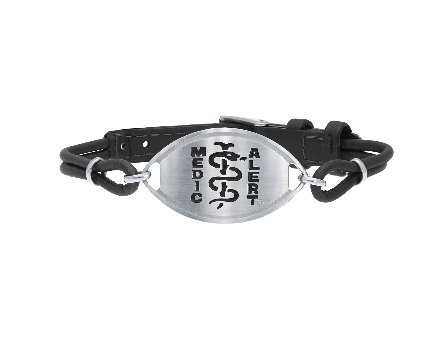 Black leather strap for wrist with metal elliptical disc with a black MedicAlert logo which includes the universal medical sign of a snake wrapped around a rod