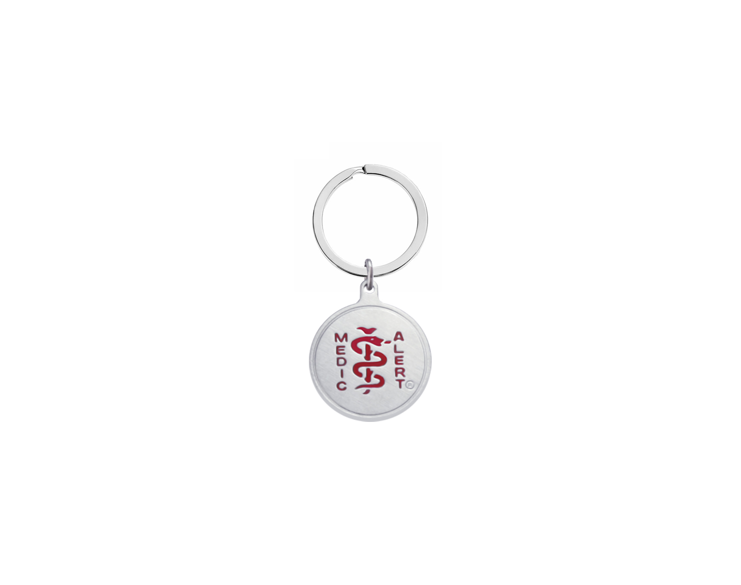 Split ring with round stainless steel charm disc with a red MedicAlert logo which includes the universal medical sign of a snake wrapped around a rod